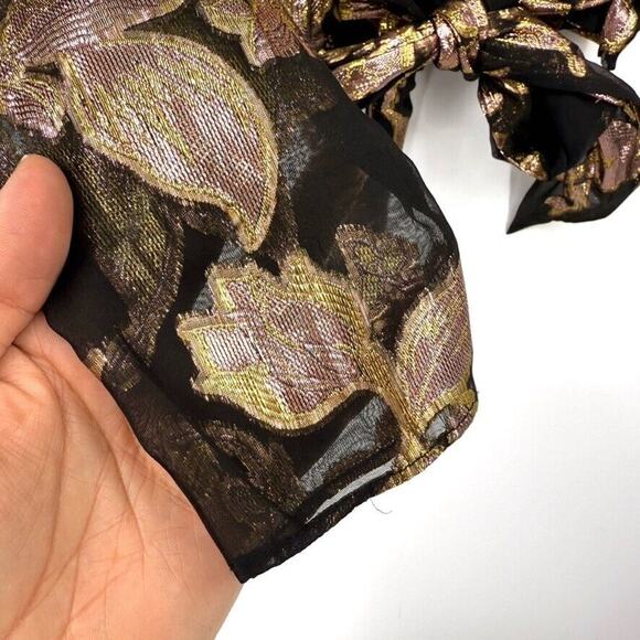 Ramy Brook Womens 8 Metallic Floral Print Long Sleeve V Neck Wrap Top Black Gold - Picture 4 of 10